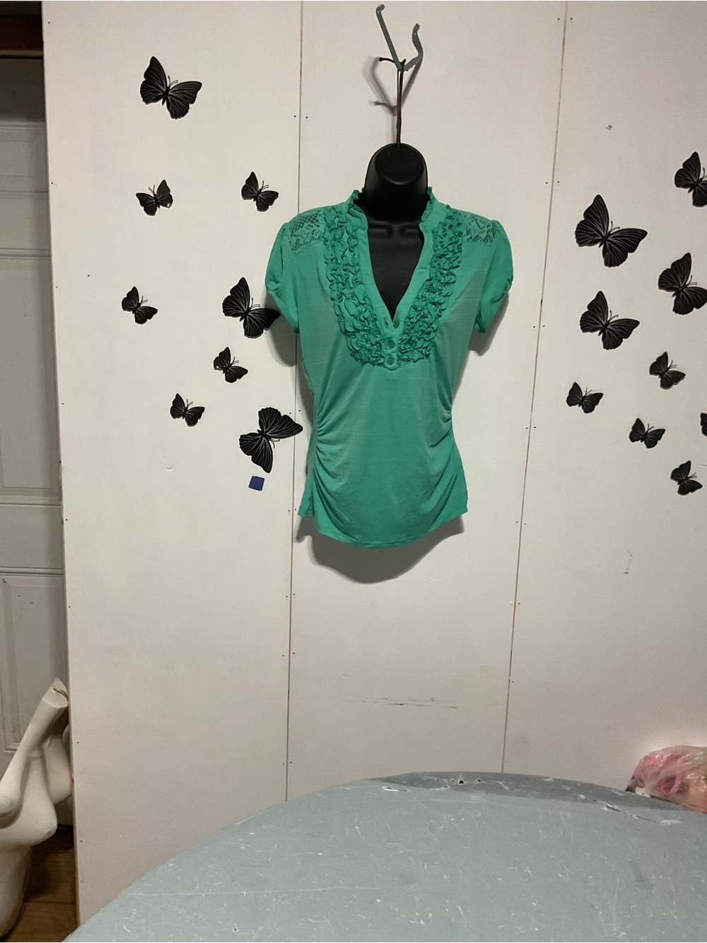 HeartSoul Teal Ruffled V-Neck Blouse